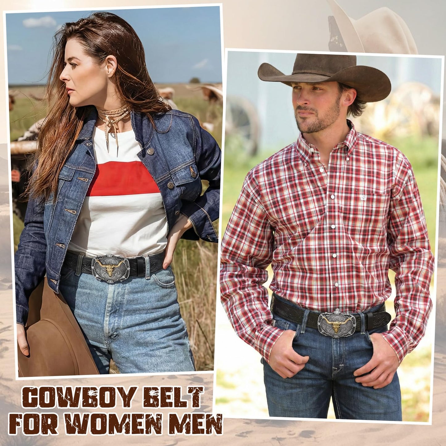 LALATCH Western Belts for Men Women Genuine Leather Cowboy Belt with Longhorn Poker Western Buckle Classic Country Style Black L