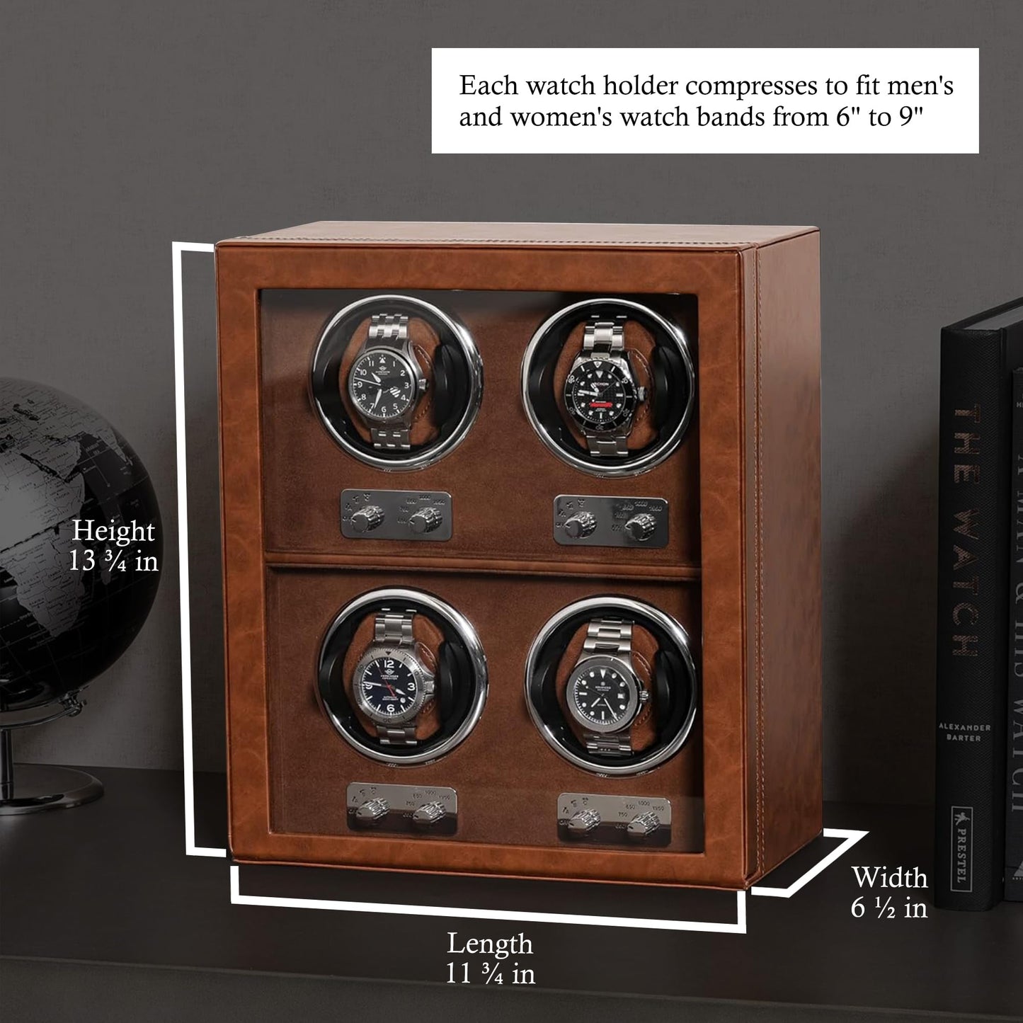 ROTHWELL 4 Watch Winder for Automatic Watches with Quiet Motor with Multiple Speeds and Rotation Settings (Tan/Brown)