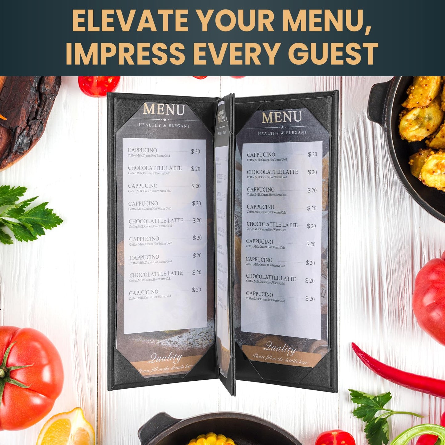 AMGSH 10 Pack 4 View Menu Holder Menu Covers 4.25" x 11" | 10 Pack Black Leather Menu Sleeves Book Style for Restaurant Coffee Bars Wine List (4 View, 10 Pack)