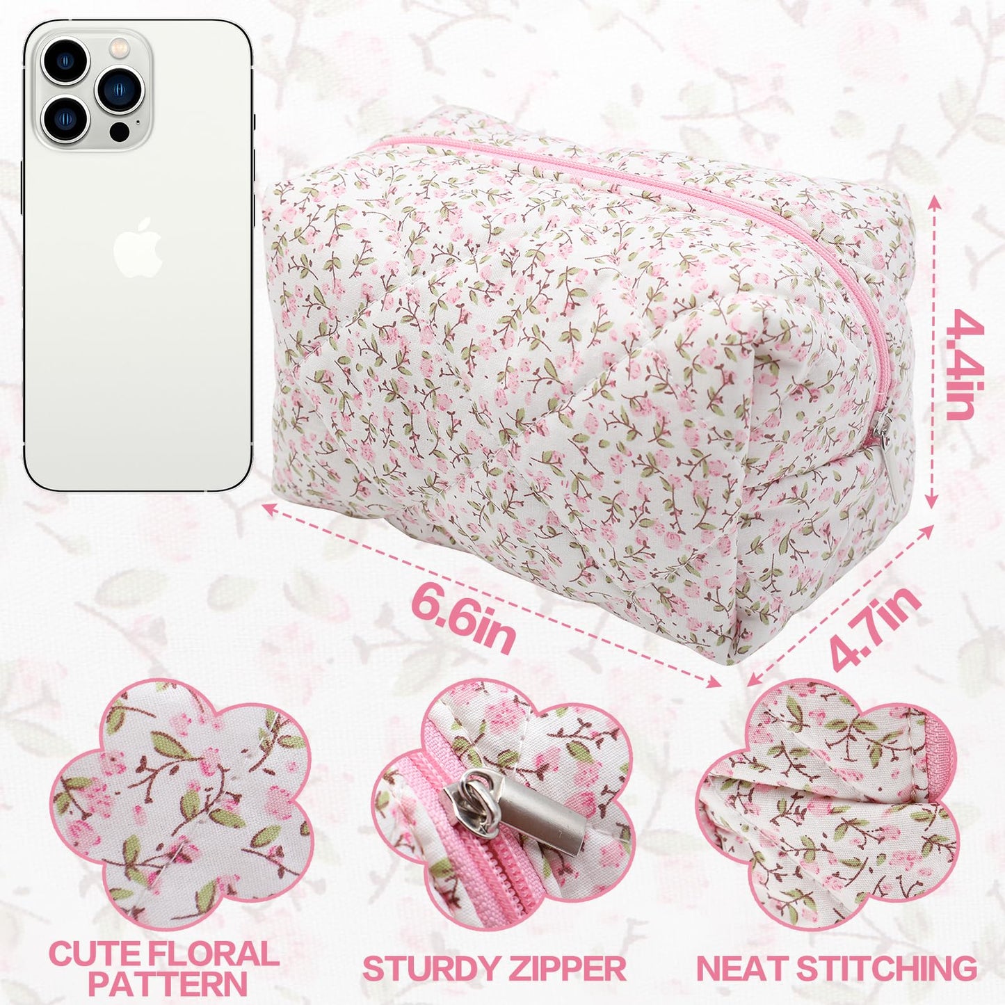 dark swan Cotton Quilted Makeup Bag, Cute Pouch Toiletry Bag Cosmetic Bag Quilted Floral Organizer Bag Travel Coquette Aesthetic Portable Storage Zipper Purse for Women (Pink)