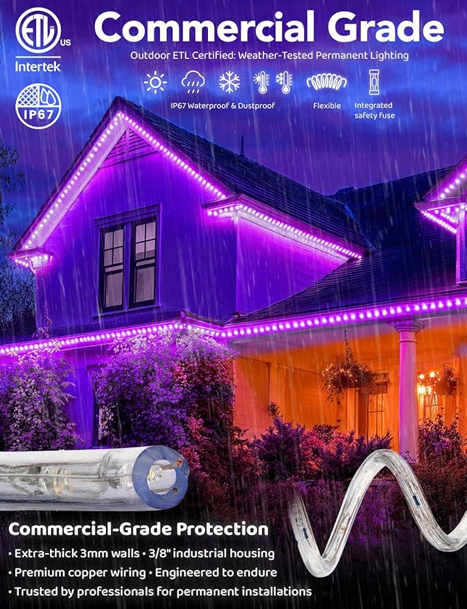 WYZworks 1116LEDs 100ft LED Outside Rope Lights, Outdoor ETL Certified Waterproof Permanent 360 Degree Light Emitting, Flexible Tube, Connectable, Christmas Palm Tree Exterior Landscape, Purple