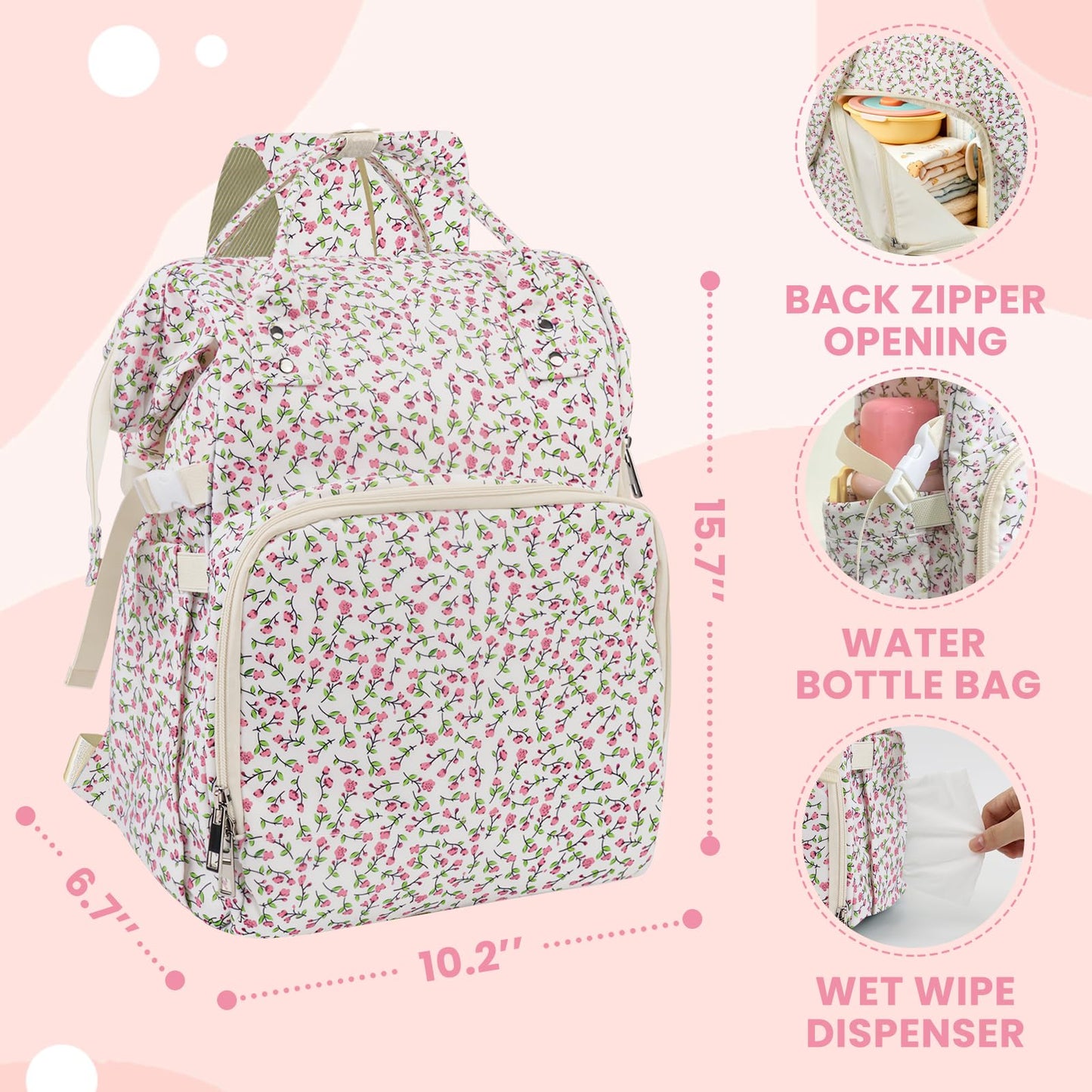 rain bunny Diaper Bag Backpack, Baby Diaper Backpack for Mom, Large Capacity Travel Nappy Bag for Boys Girls with Stroller Straps (Pink)