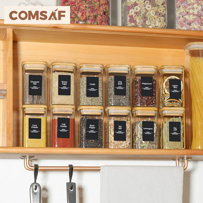 ComSaf 16Pcs Glass Spice Jars with Bamboo Lid, 4oz Airtight Square Spice Containers with 275 Black Lables, Empty Seasoning Jars for Spice Salt Sugar