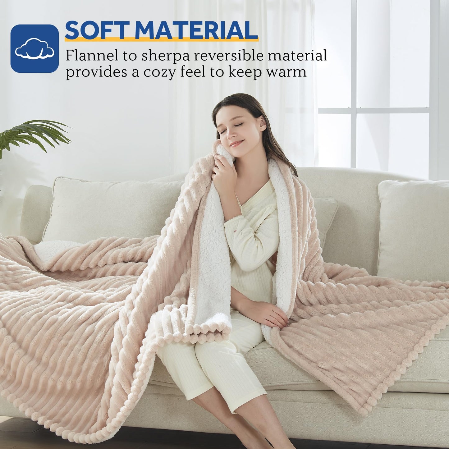 SEALY Electric Blanket Full Size, Soft Ribbed Flannel to Sherpa Reversible Heated Blanket with 10 Heat Settings & 1-12 Hours Auto-Off Overheat Protection, Machine Washable, 72"x84" Beige