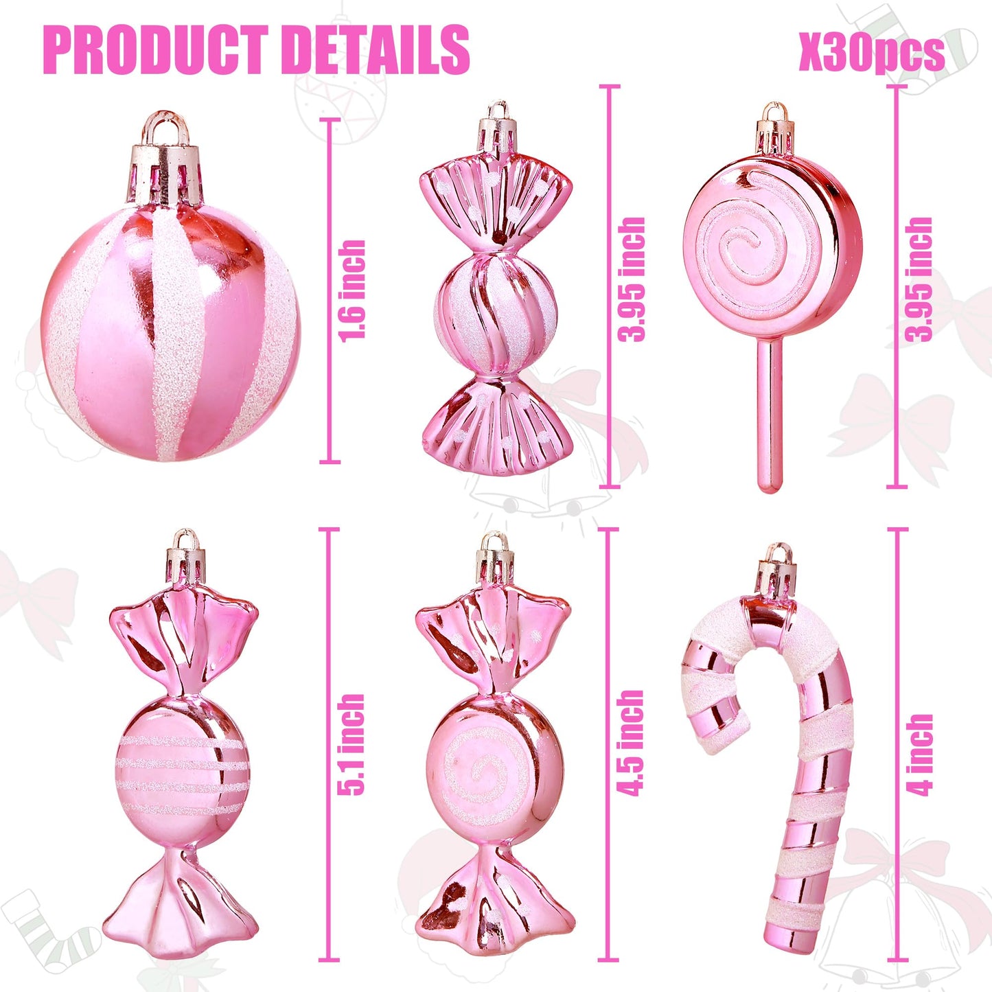 Christmas Candy Cane Lollipop Ornaments for Christmas Tree 30Pcs Xmas Plastic Peppermint Christmas Tree Hanging Ball Pendants for Xmas Party Indoor New Year Holiday Home Decorations (Pink)