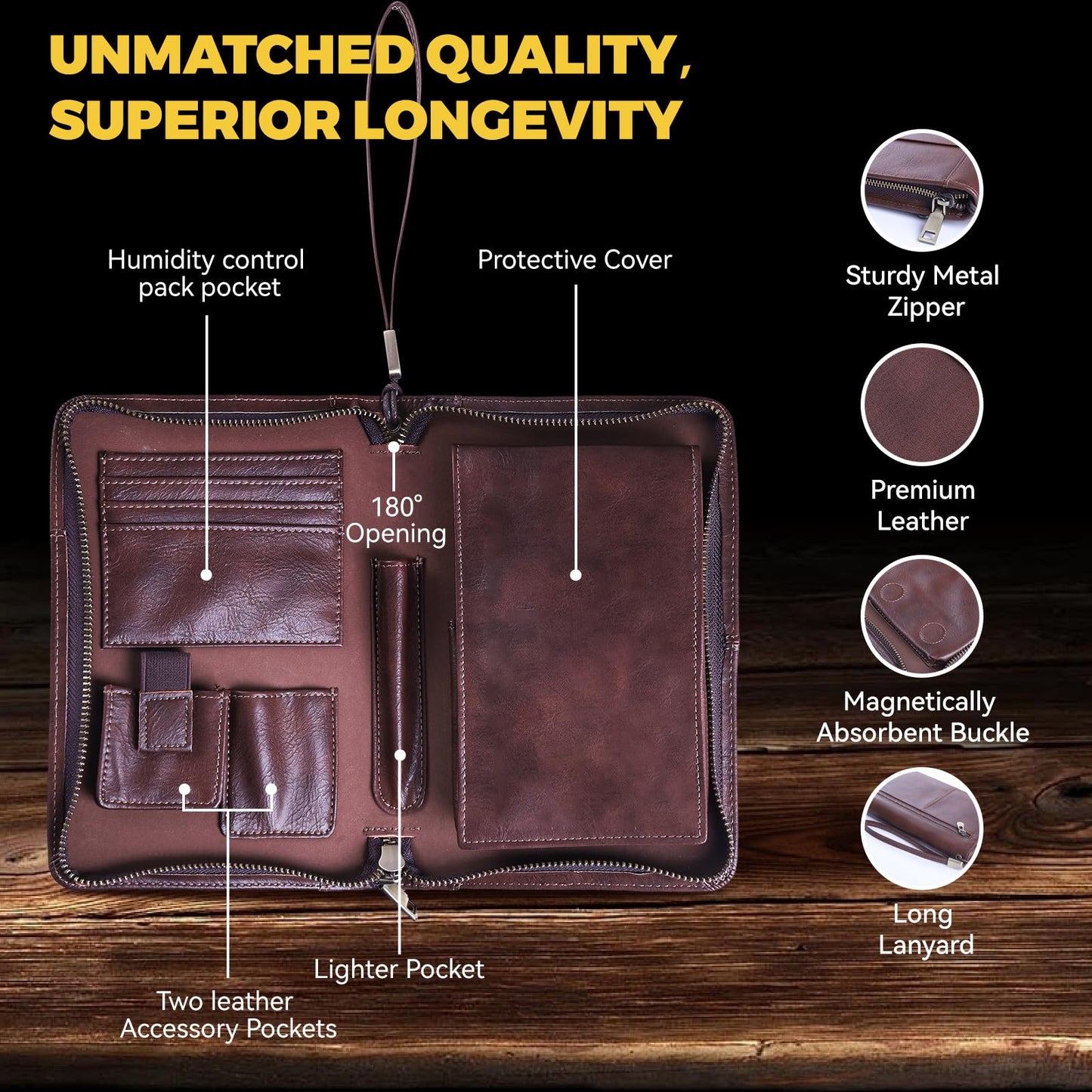MCKDERWRILL Portable Travel Leather Cigar Case, Handmade Full Grain Leather Cigar Box, Holds 5-6 Cigars, Cigar Humidor, Cigar Accessories for Men Gift