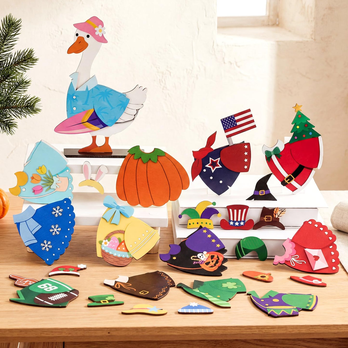 Menkxi 27 Pcs Interchangeable Seasonal Goose Table Decor Wooden Desk Goose Outfit Signs Farmhouse Table Centerpiece with Holiday Icon Rustic Spring Patriotic Memorial Day Spring Decor for Home Office