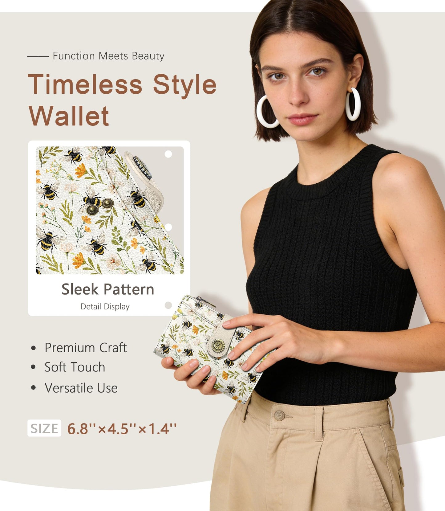 Flowers Bees Wallet Women RFID Blocking Bifold, Cute Passport Holder, Zipper Coin Pocket, Credit Card Holder, Travel billfold, PU Leather, Clutch, Cash Purse, Gift for Woman Ladies Female Girls