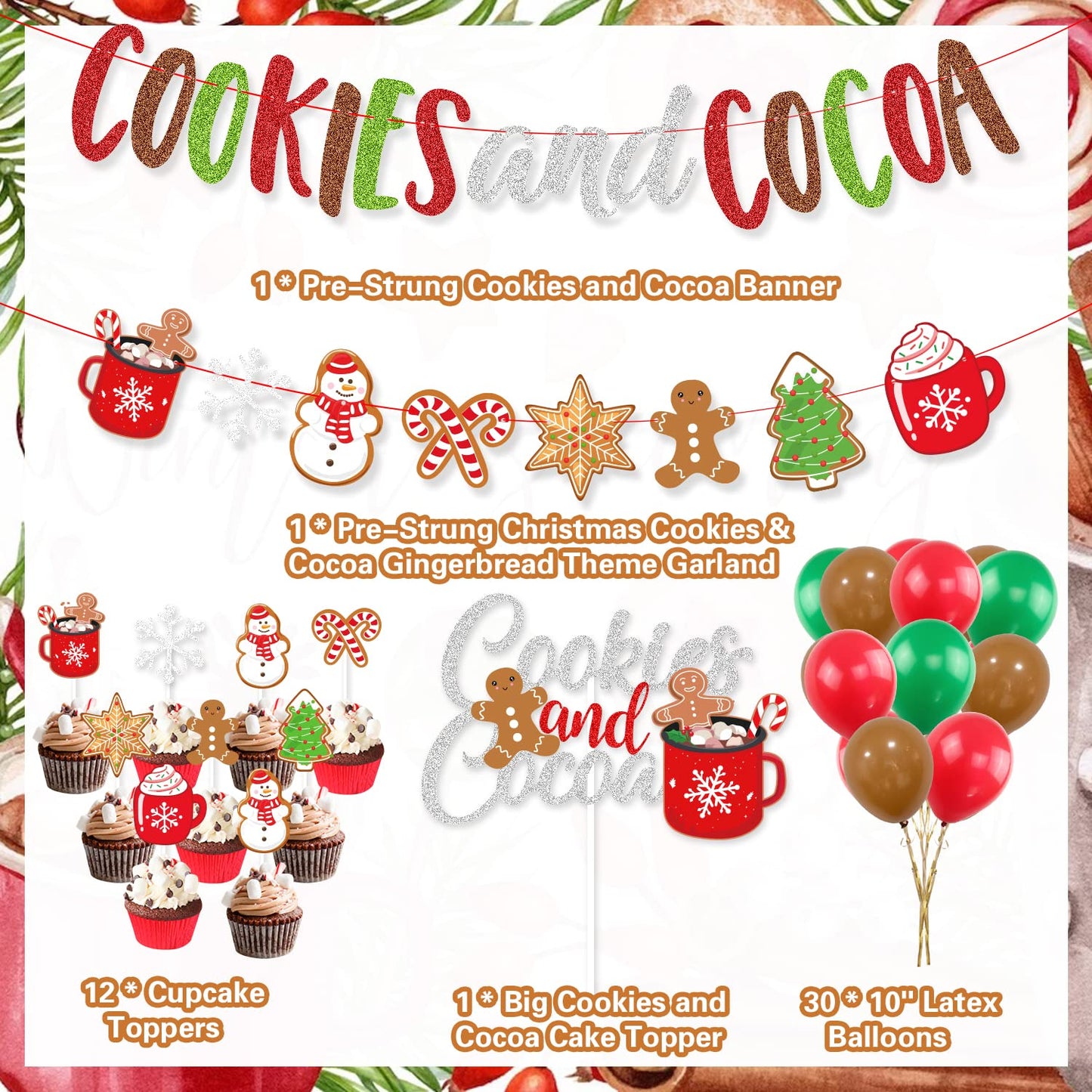 Cookies and Cocoa Party Decorations, Cookies and Cocoa Banner Snowflake Snowman Gingerbread Man Garland Cake Topper Balloons, Hot Cocoa Party Hot Chocolate Party Christmas Birthday Party Decorations