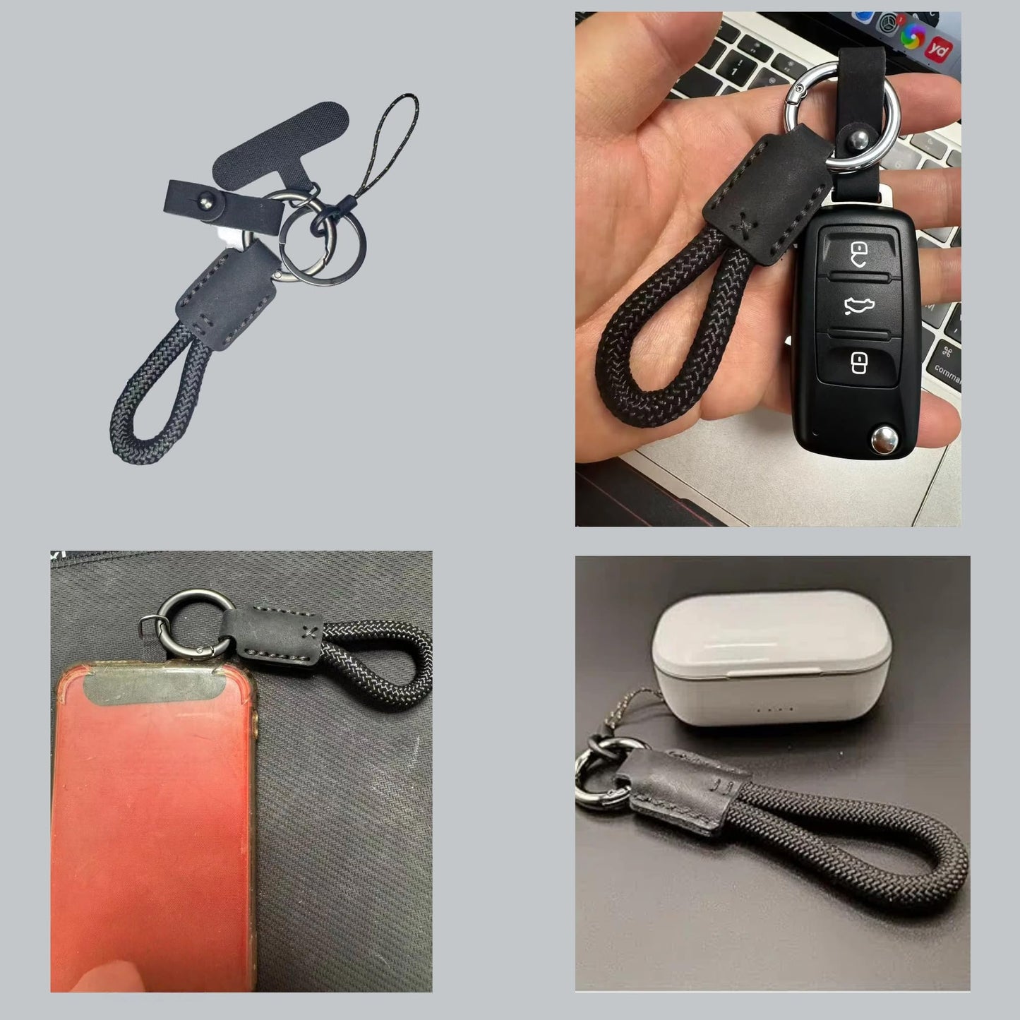 FQJOYL Leather Keychain for Car Keys - Genuine Cowhide Key Fob Holder with Braided Rope Loop, Anti-Scratch Belt & Gunmetal O-Ring, Silent Minimalist Key Chain for Women & Men, Gift for Her & Him