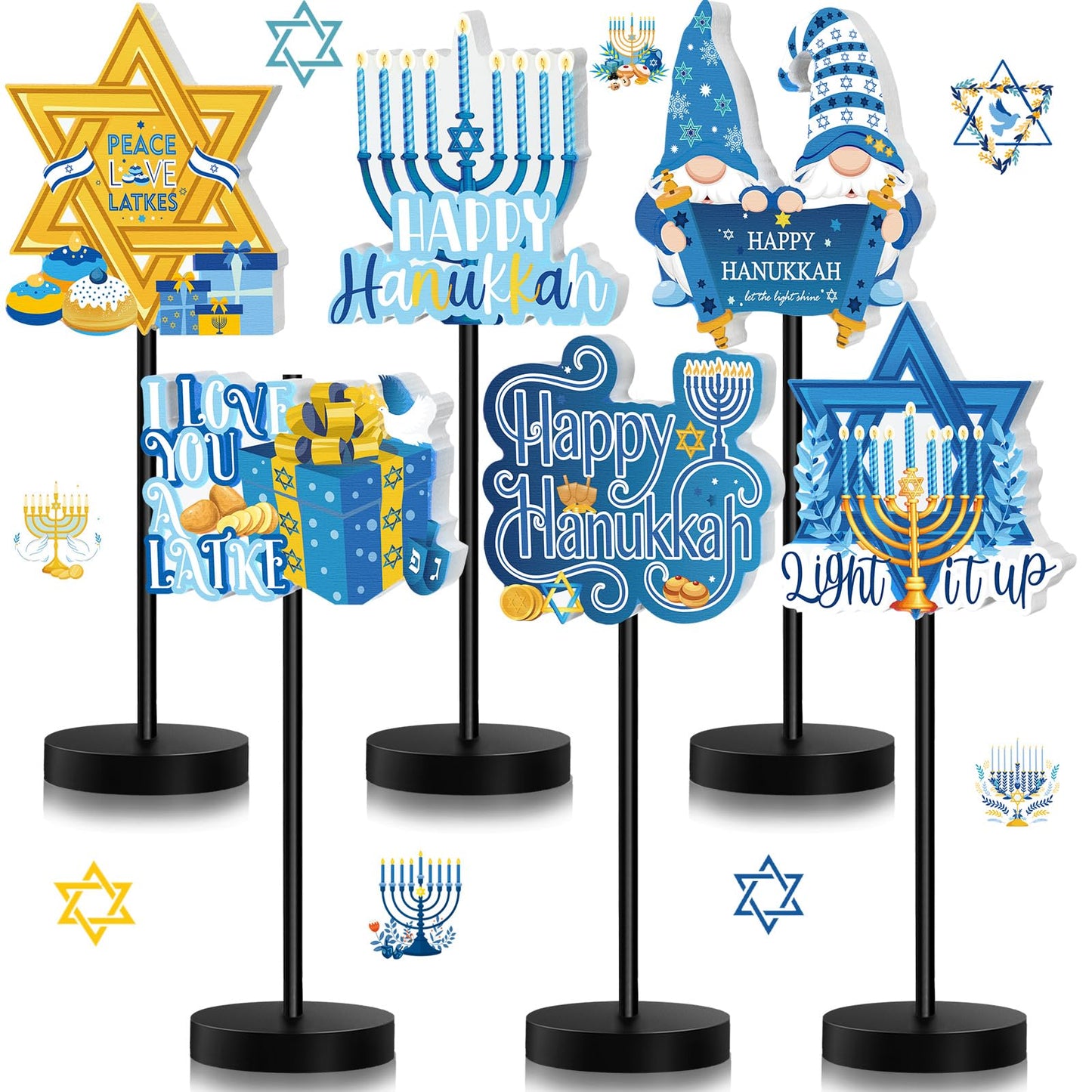 Shellwei 6 Pcs Hanukkah Table Decorations Decor Happy Hanukkah Wood Table Sign Chanukkah Party Decor for Home Indoor Centerpiece Menorah Dreidel Star of David (Fresh Style)