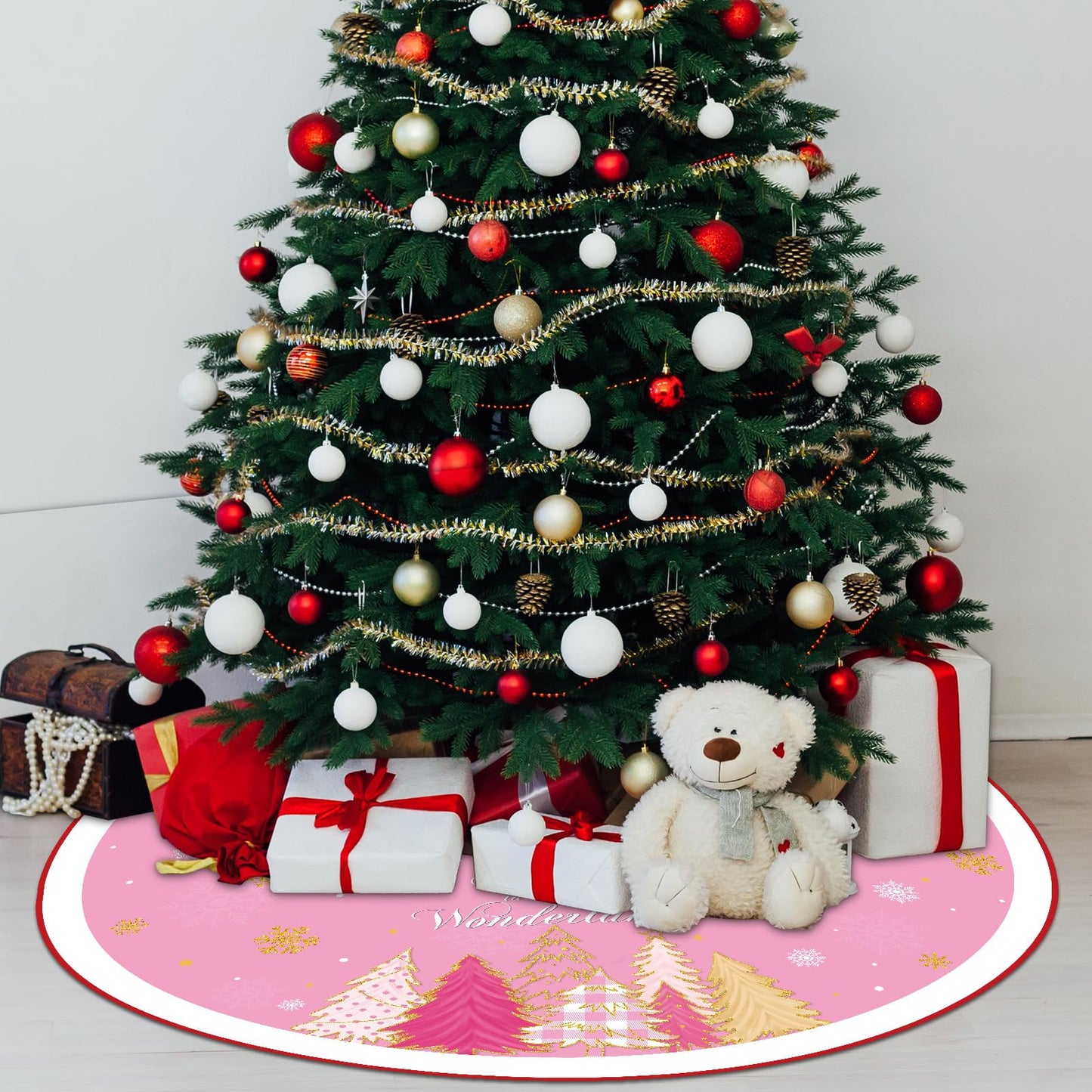Tiamon 48 Inch Pink Christmas Tree Skirt Large Double Layer Xmas Tree Decoration Merry Christmas Tree Skirt Mat Decor for Winter Holiday Party Christmas Decorations Supplies