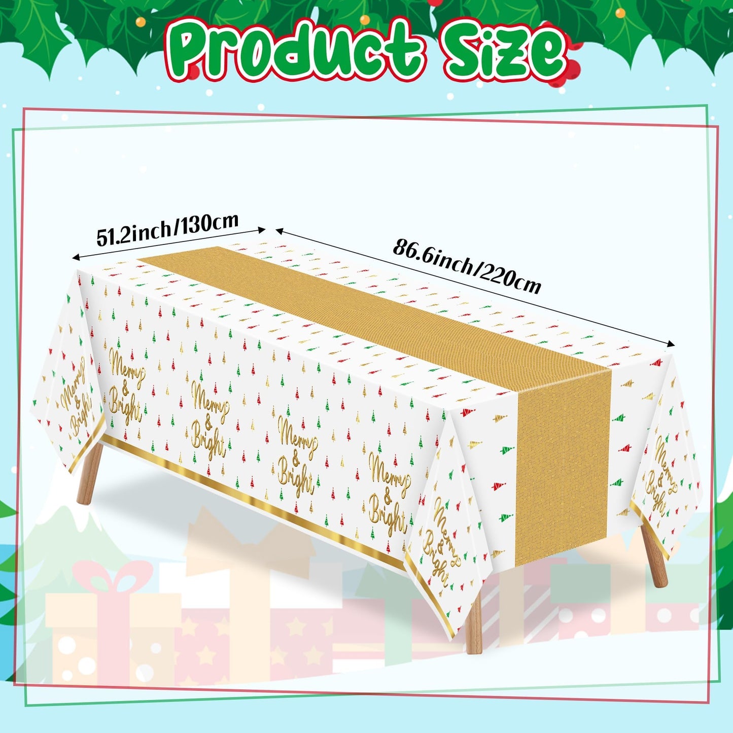 BkeeCten Christmas Winter Waterproof Tablecloths - 3 Packs Gold White Mini Christmas Tree Tablecloths Colorful Waterproof Table Cover Merry Bright Disposable Plastic Tablecloth Xmas Party Table Decor