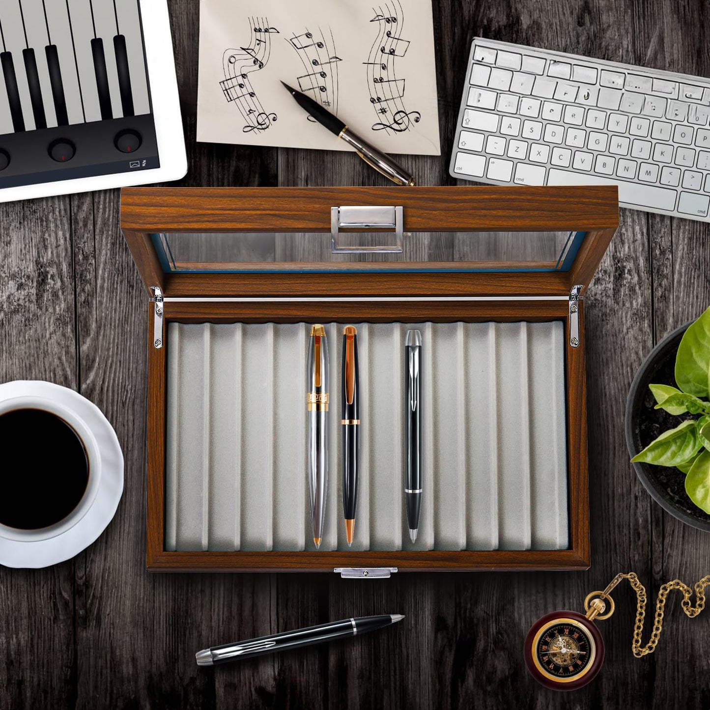 Yesland Black Walnut Wood Display Box, 12 Slot Fountain Pen Organizer With Clear Glass Window, Luxury Collection Case for Shop, Home