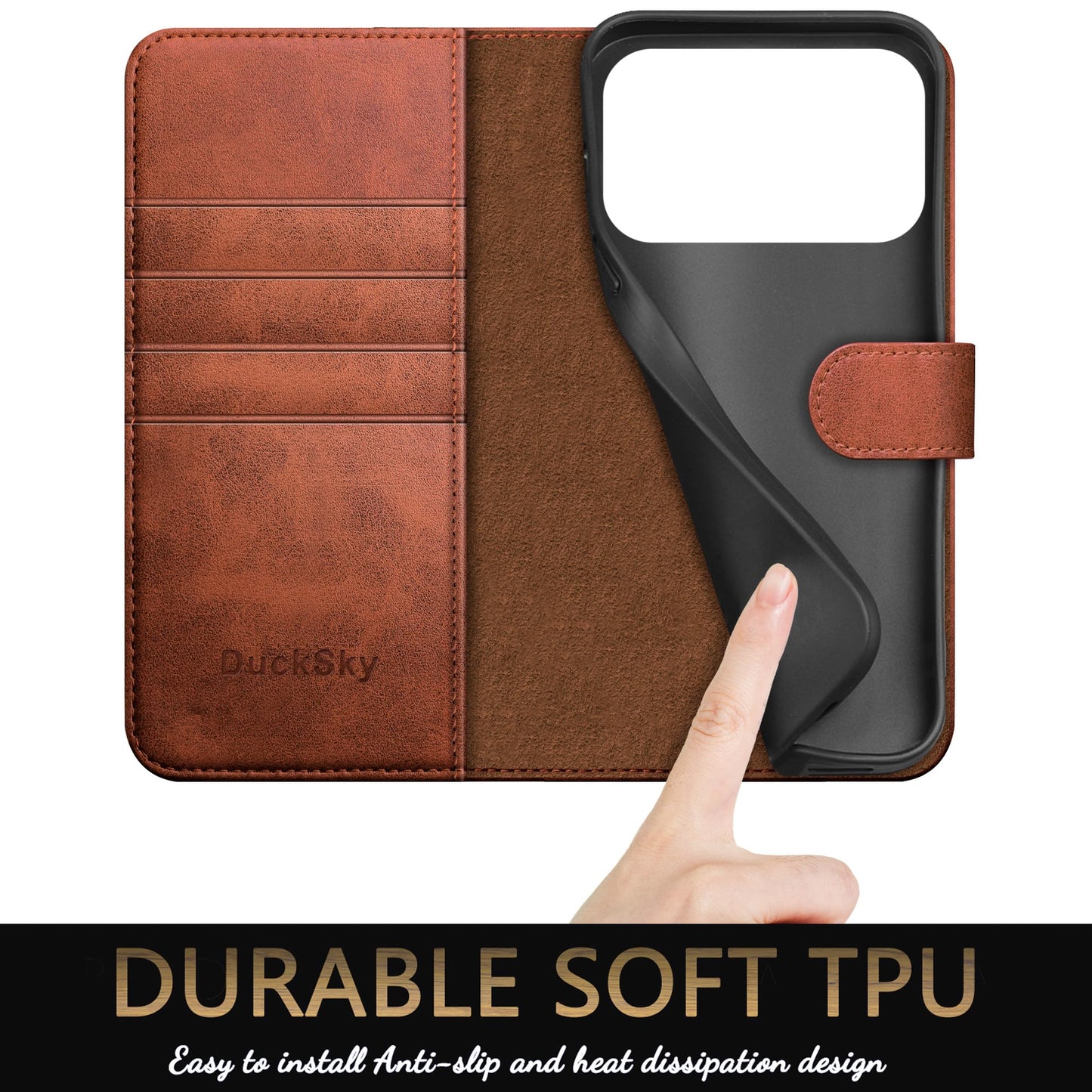DuckSky Compatible with iPhone 17 Pro Max 6.9" Genuine Leather Wallet case【RFID Blocking】【4 Credit Card Holder】【Real Leather】 Flip Phone case Cover Women Men for Apple 17 Pro Max case Light Brown
