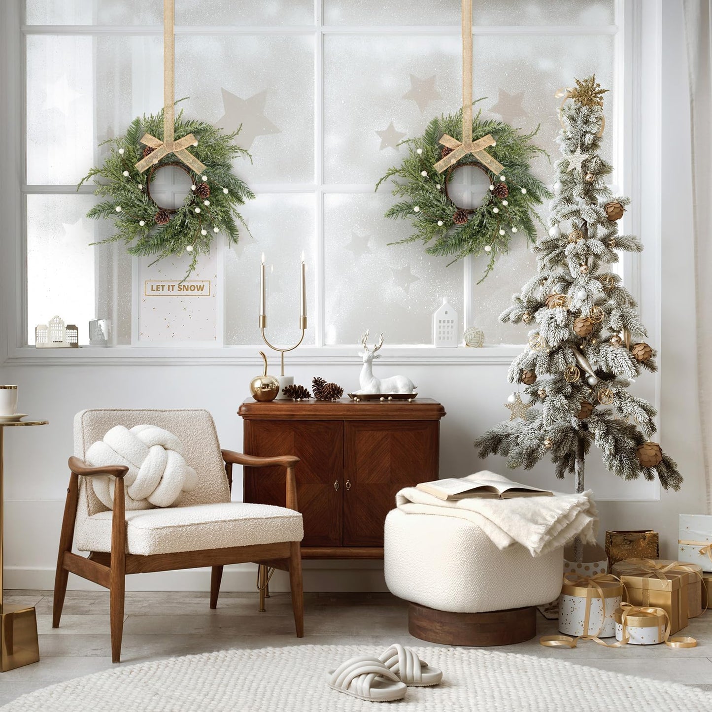 6 PCS Christmas Wreath Christmas Kitchen Cabinet Wreaths with Burlap Ribbon Mini Wreath Pine Garland Frosted Cedar Pine Cone Hanging Garlands Candle Rings for Front Door Window Chair Wall