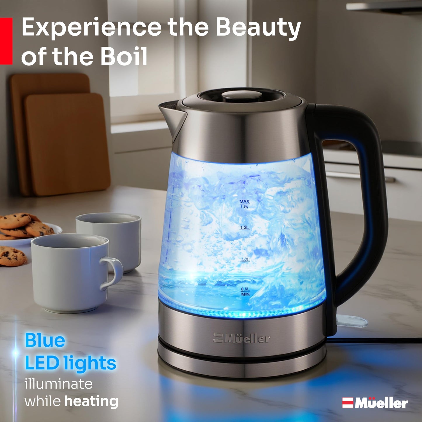 Mueller RapidBoil Electric Kettle 1.8L – Borosilicate Glass & Stainless Steel – BPA-Free Tea Kettle, LED Light, Auto Shut-Off, Boil Dry Protection Water Heater – Fast Heating, Kitchen Appliances