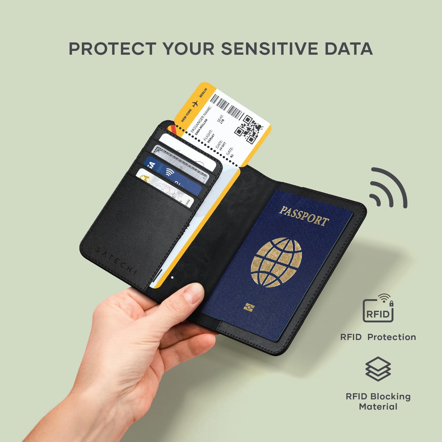 Satechi Passport Holder for Travel with Find My, Passport Cover with 4 Card Holder, Wireless Charging, and RFID protection – Travel Essential Vegan Leather Passport Holder – Black
