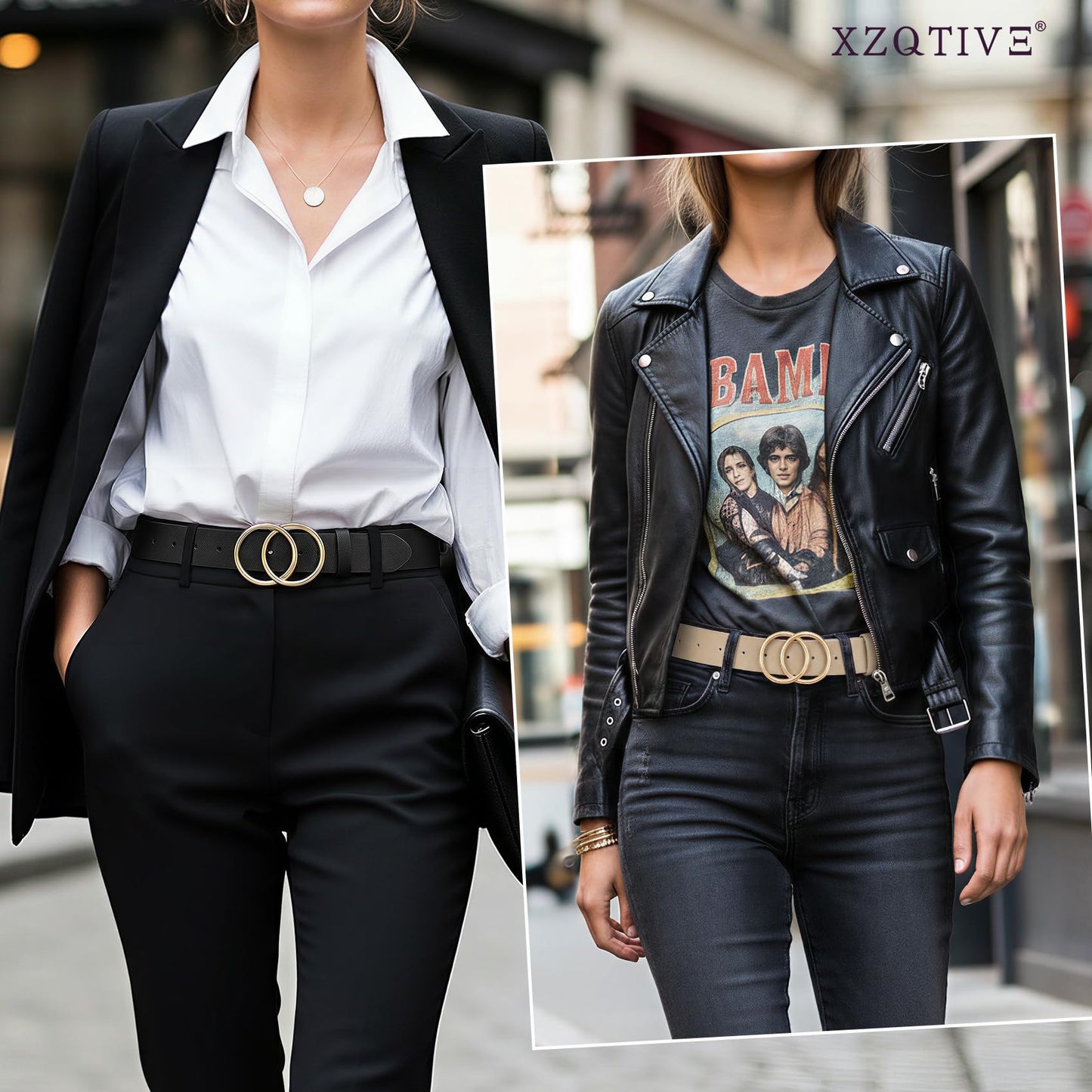 XZQTIVE 3 Packs Women's Leather Belts For Jeans Dresses Pants Fashion Ladies Waist Belt with Double O-Ring Gold Buckle
