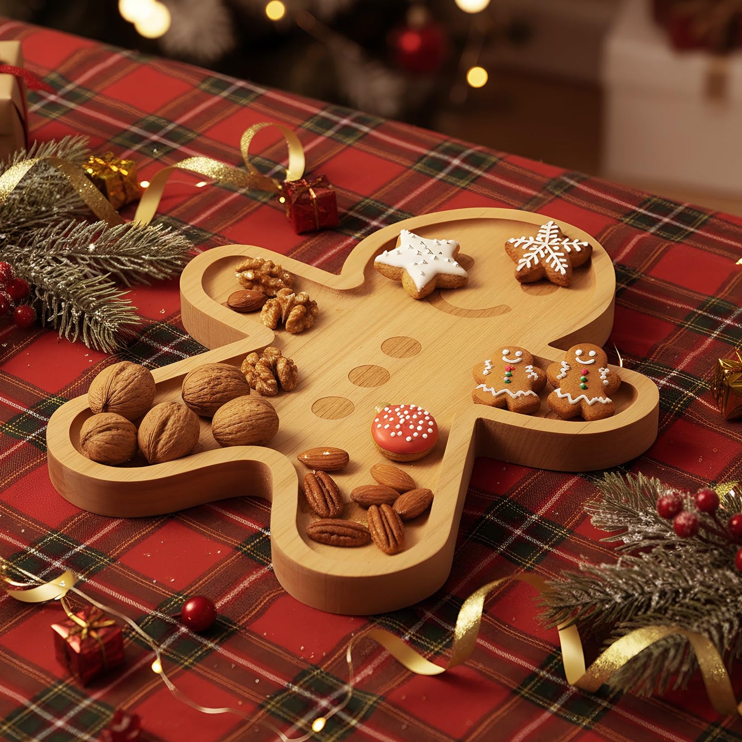 Bokon 12" Gingerbread Christmas Charcuterie Board Wooden Cutting Board Xmas Serving Platter Tray Cookie Plate for Cheese Bread Dessert Fruit, Gift for Christmas Party Holiday Decoration(Rubber Wood)