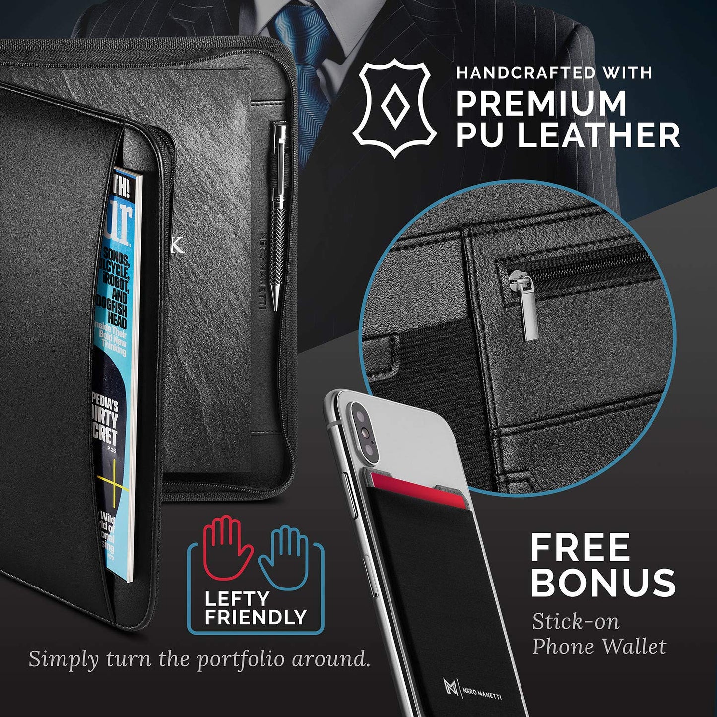 NERO MANETTI- Zippered Vegan Leather Padfolio/Portfolio Pad Holder-Business PU Leather Notepad Folder for Resumes, Interviews, iPad/Tablet, Phone, Legal Pad Notebook Executive Binder for Women, Men