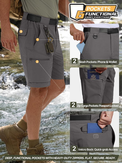 FREE SOLDIER Men's Cargo Hiking Shorts with Belt Lightweight Quick Dry Tactical Shorts with Pockets for Casual Work Golf(Gray,34W x 12L)