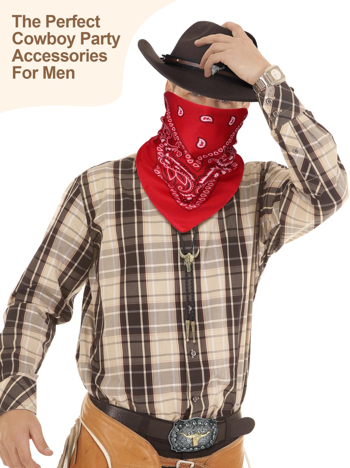 Toulite 4 Pcs Western Cowboy Accessories for Men Cowboy Hat Leather Rodeo Leather Necktie Cow Horn Belt Buckle Paisley Bandana for Western Outfit Halloween Cosplay