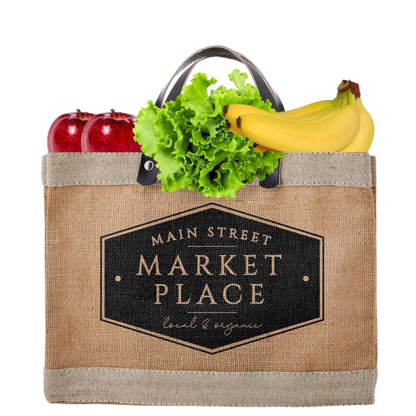Santa Barbara Design Studio Main Street Farmers Market Tote, Reusable Burlap Grocery Bag with Leather Handle, Purse for Beach or Picnics, Food Lovers Gift Idea, 12.5 x 9.5 Inches