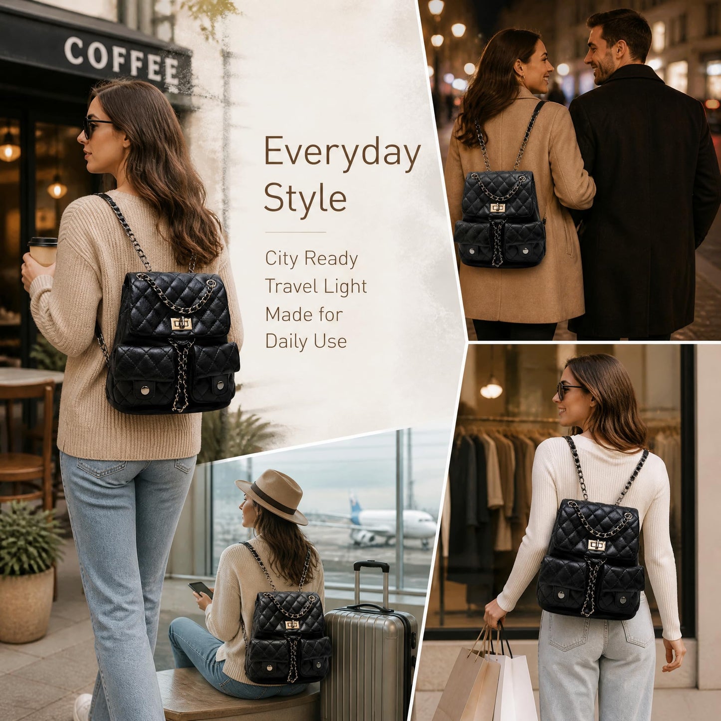 COC.EFRENAR Quilted Mini Backpack for Women, Chain Strap Small Purse with Flap Closure, Fashion Shoulder Bag Cute Travel Daypack(Black)
