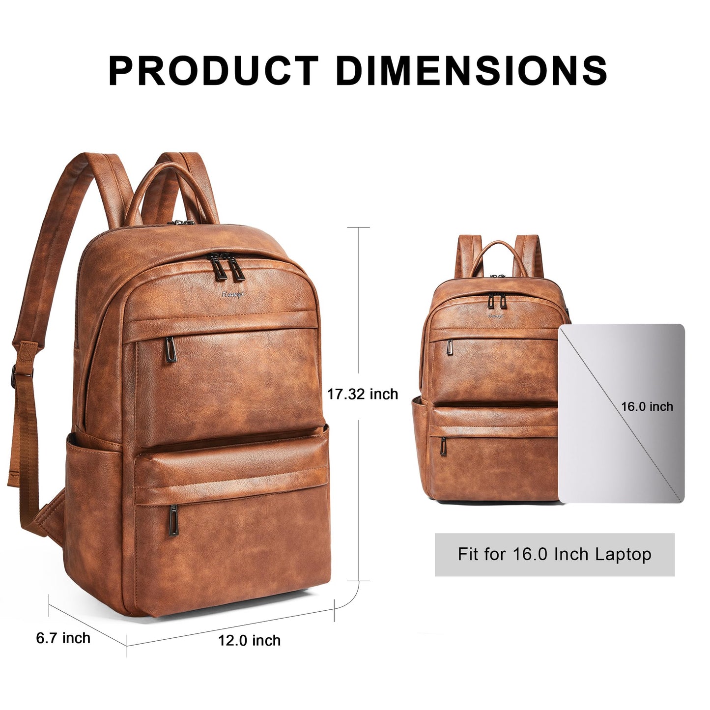 tiamyi Vegan Leather Backpack for Women and Men, Fits 16.0 Inch Laptop, Multi-Pocket Design with Water Bottle and Luggage Strap, Ideal for Work, Travel, and Daily Use, Brown