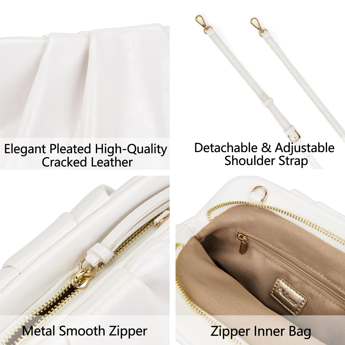 Milisente Clutch Purses for Women Shiny PU Leather Pleated Evening Clutch Bag With Shoulder Strap for Formal Wedding Prom (White)