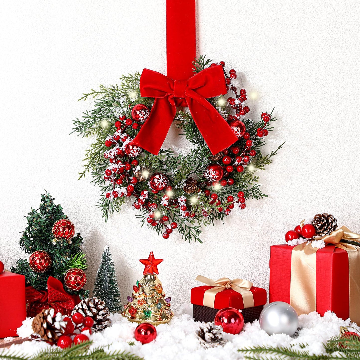 Hoteam 4 Pcs 9 Mini Decor Wreaths Small Cabinet Wreath with Rustic Bow Outdoor Decorations for Porch Window Farmhouse Decor(Bells and Red Berries)