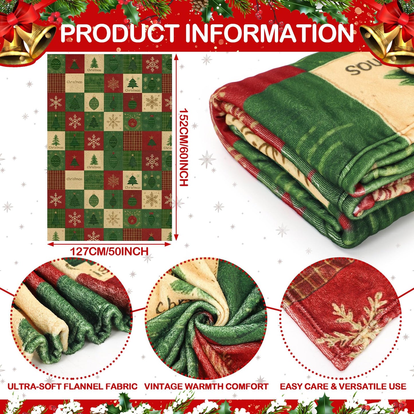 HunnmingRe Christmas Flannel Blanket Throw Red Green Checkered Blanket Christmas Tree Snowflake Soft Fuzzy Cozy Throw for Couch Bedroom Sofa Travel Bed Xmas Decor, 50 x 60 Inch