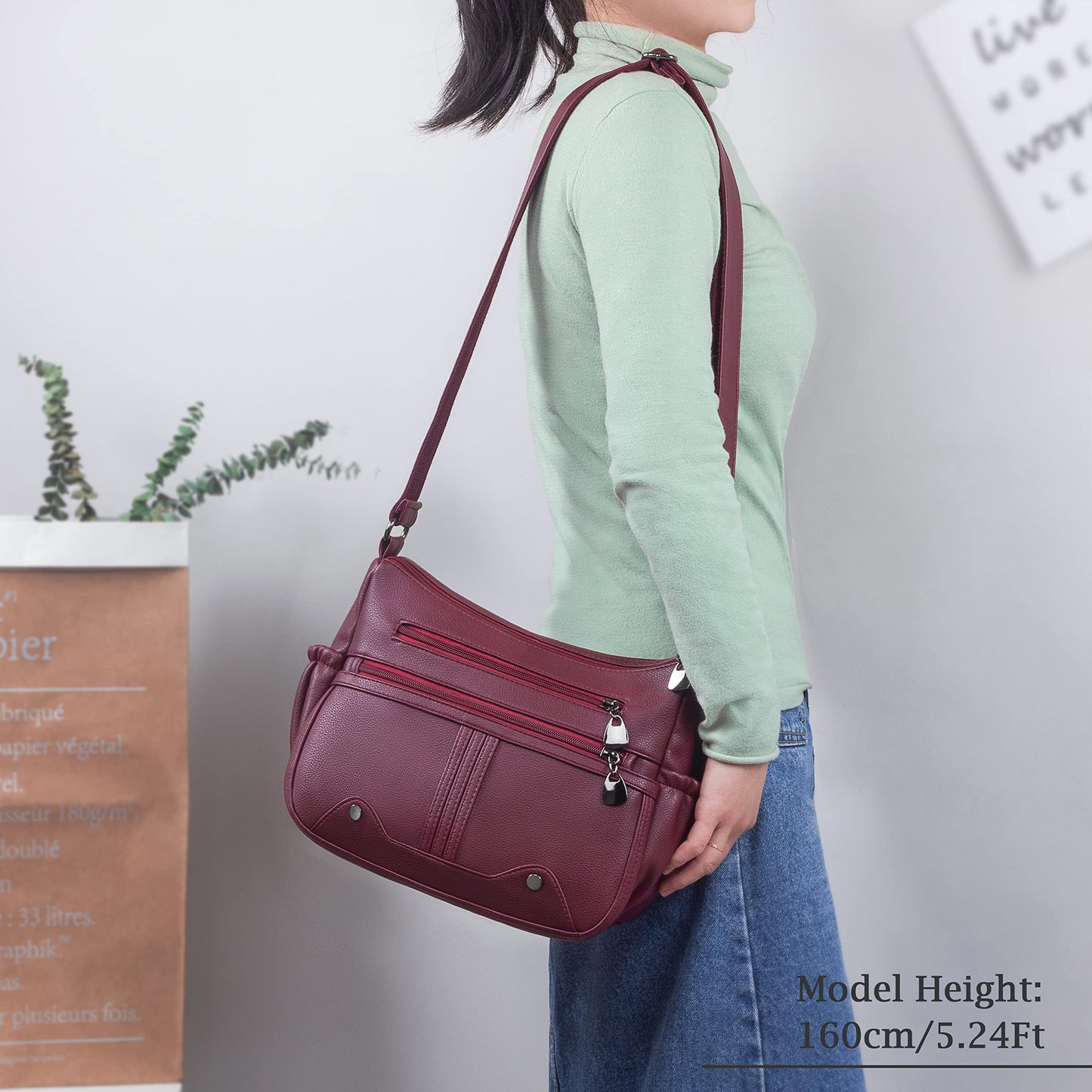 Women Soft PU Leather Shoulder Handbag Multi Pocket Crossbody Bag Ladies Medium Roomy Purses Fashion Tote Top Handle Satchel(Red)