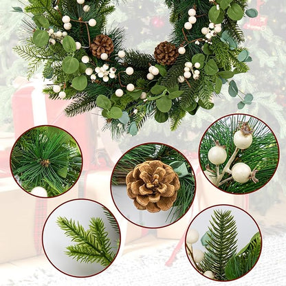 20 Inches Vintage Christmas Wreath Classic Christmas Wreaths for Front Door Rustic Holiday Winter Wreath with White Berry Pine Cones for Doors Windows Indoors Outside Hanging Decoration