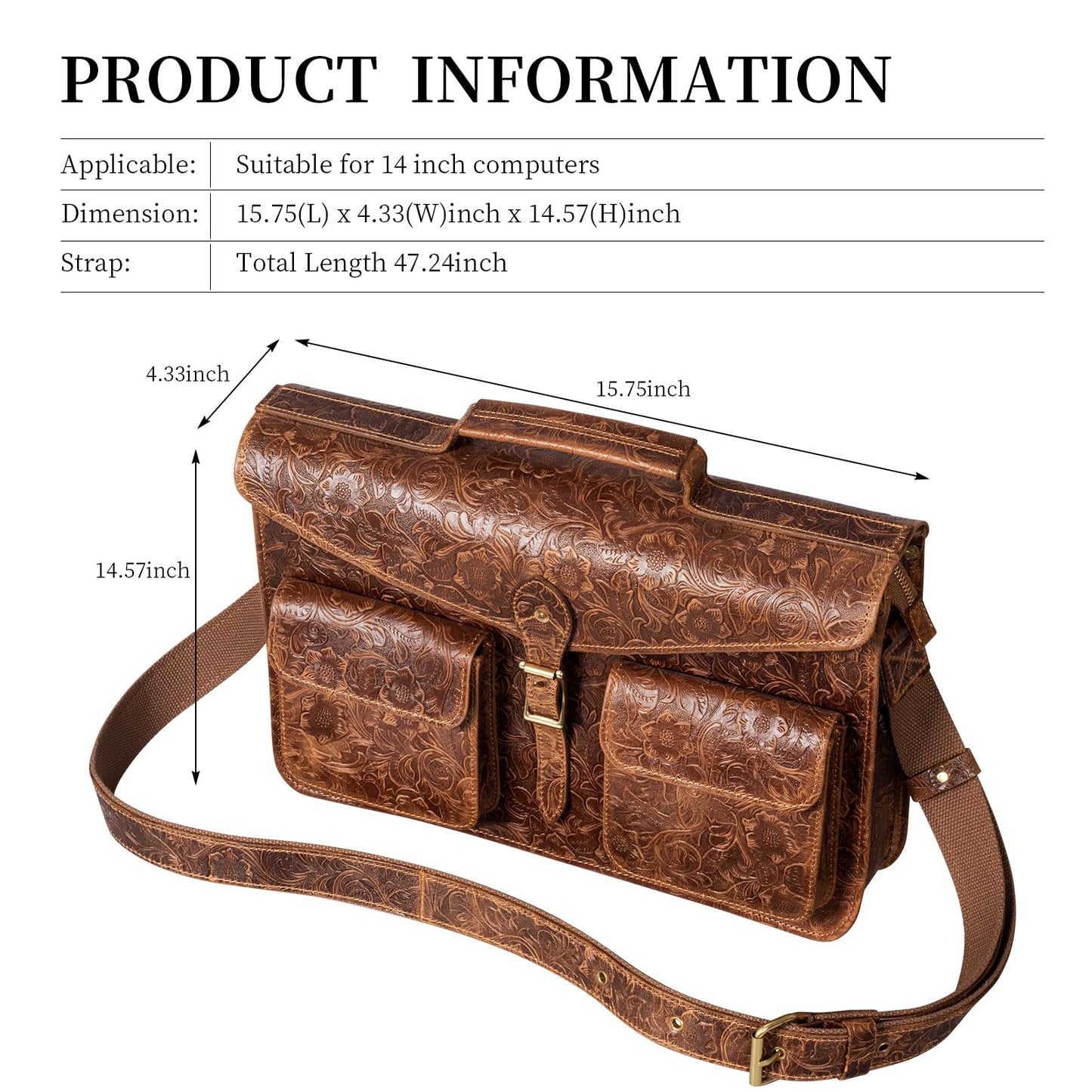 Gexmil Leather Messenger Bag for Men Women, Top Grain Leather, Laptop Briefcase Bag For College Office Business Travel, Adjustable Shoulder Strap, Flower Brown