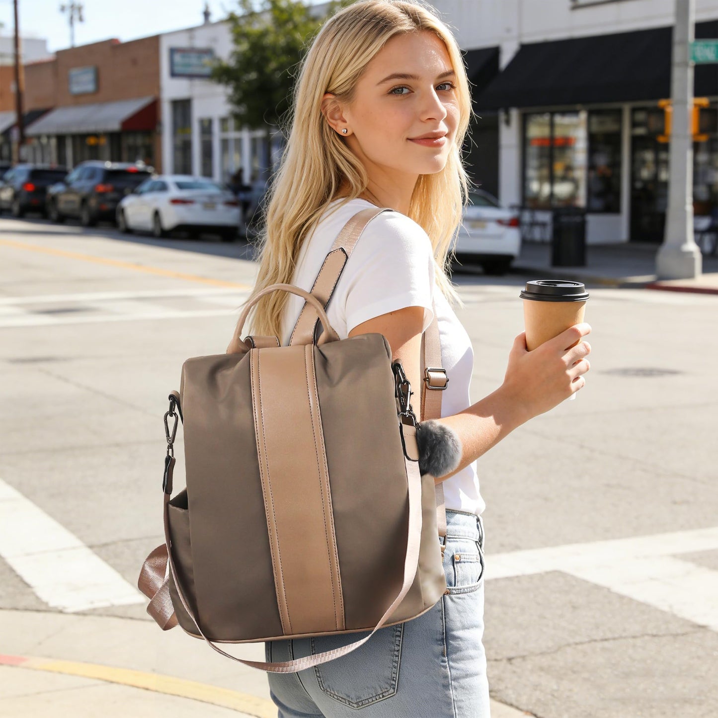 PINCNEL Women Khaki Medium Backpack Purse Waterproof Nylon Anti-theft Rucksack Lightweight Shoulder Bag