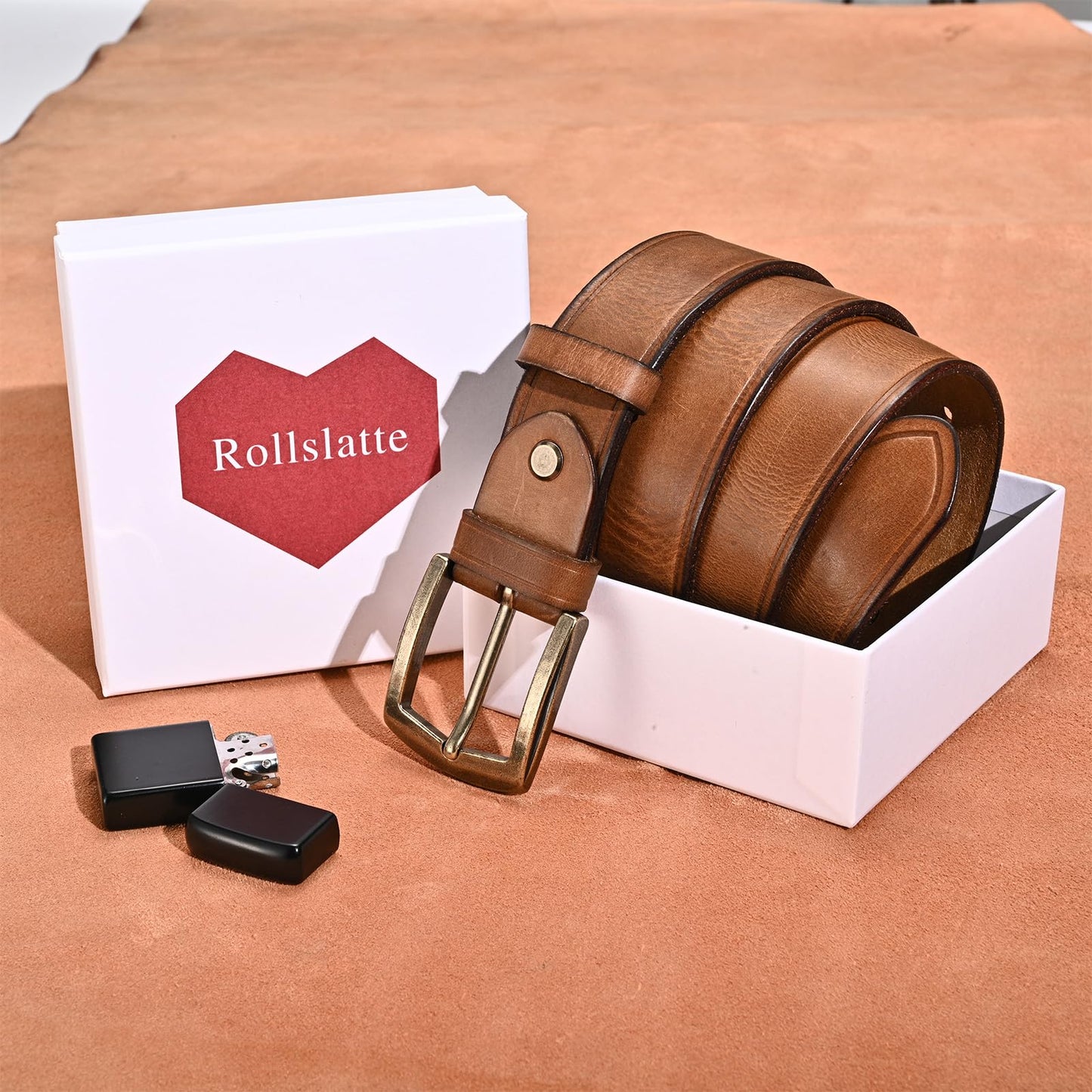 Rollslatte Full Grain Italian Genuine Leather Belt for Men, Retro Brass Buckle Cowboy Western Belt Casual Dress Jeans, Gift for Husband, Father, Boyfriend Size 38
