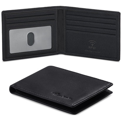 Real Leather Mens Bifold Wallet RFID Blocking Slim Minimalist Front Pocket - Thin & Stylish with ID Window in Gift Box (Nappa, Black)