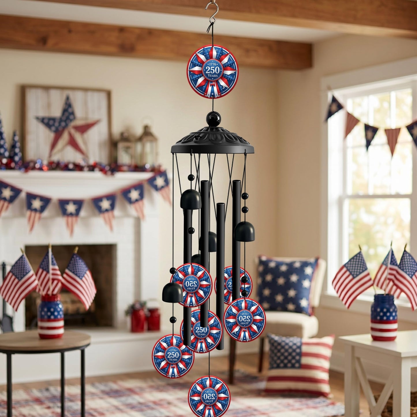 1776-2026 Patriotic Wind Chimes for Outside, Red White Blue American Flag Hanging Wind Chime with Stars and Bells, Outdoor Wind Chimes for Garden Decor, Porch Patio Yard Balcony Decor