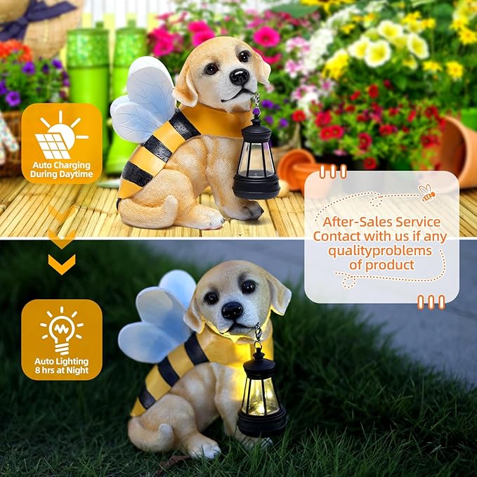Solar Dog Statues Outdoor Decor, Solar Powered LED Lights Honeybee Puppy Figurines Garden Decorations for Patio Yard Lawn Ornaments Gifts for Dad, Mom or Birthdays
