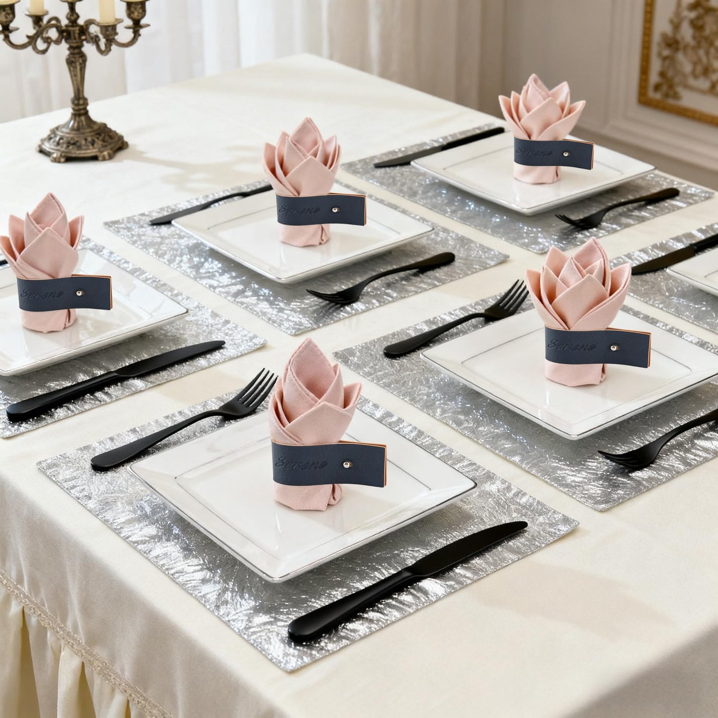 Navy Blue Napkin Rings Set of 6 – Elegant Leather Napkin Ring Holders, Double-Sided Waterproof, Durable Table Decor for Easter, Weddings & Dinner Parties, Stylish Table Setting Accessories