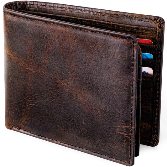 GSOIAX Top Genuine Grain Leather Premium Crazy Horse Wallet for Men-Handcrafted Vintage RFID Blocking Bifold 11 Card Slots 2 ID Windows & 2 Cash Pockets wallet Gift for Him(Red-brown)