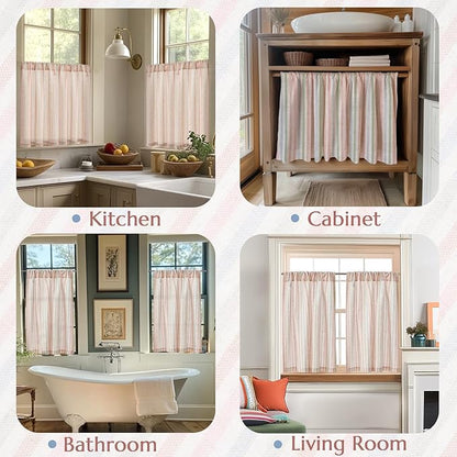 jinchan Striped Linen Kitchen Curtains 30 Inches Christmas Tier Curtains Farmhouse Modern Cafe Style Small Window Treatments Airy Light Filtering Rod Pocket for Living Room Bathroom 2 Panels Candy