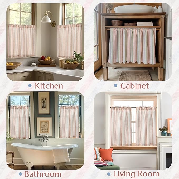 jinchan Striped Linen Kitchen Curtains 36 Inches Christmas Tier Curtains Farmhouse Modern Cafe Style Small Window Treatments Airy Light Filtering Rod Pocket for Living Room Bathroom 2 Panels Candy