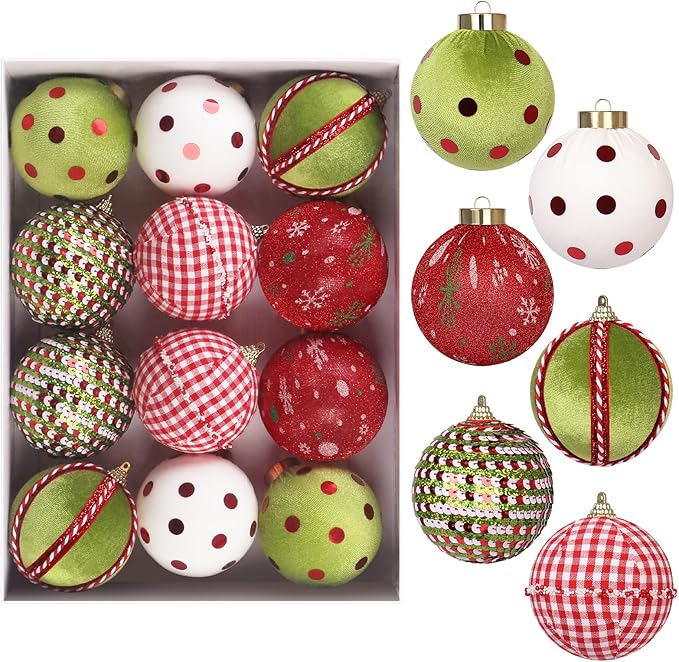 80MM/3.14" Velvet Christmas Ball Ornaments, 12PCS Shatterproof Flocking Foam Ornaments Set for Christmas Tree Hanging Decorations, for Home Holiday Party Indoor Xmas Decor. (Red/Green/White)