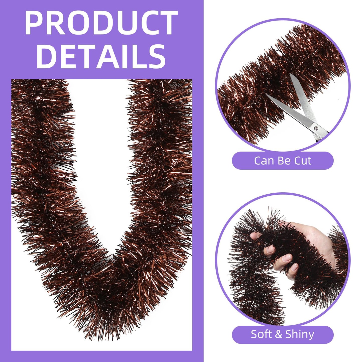 Ohiyoo 50 Feet Brown Tinsel Garland Christmas Foil Tinsel Garland Decoration Metallic Hanging Streamers for Christmas Tree Birthday Party New Year Party Supply (3.54" x 50', Brown)