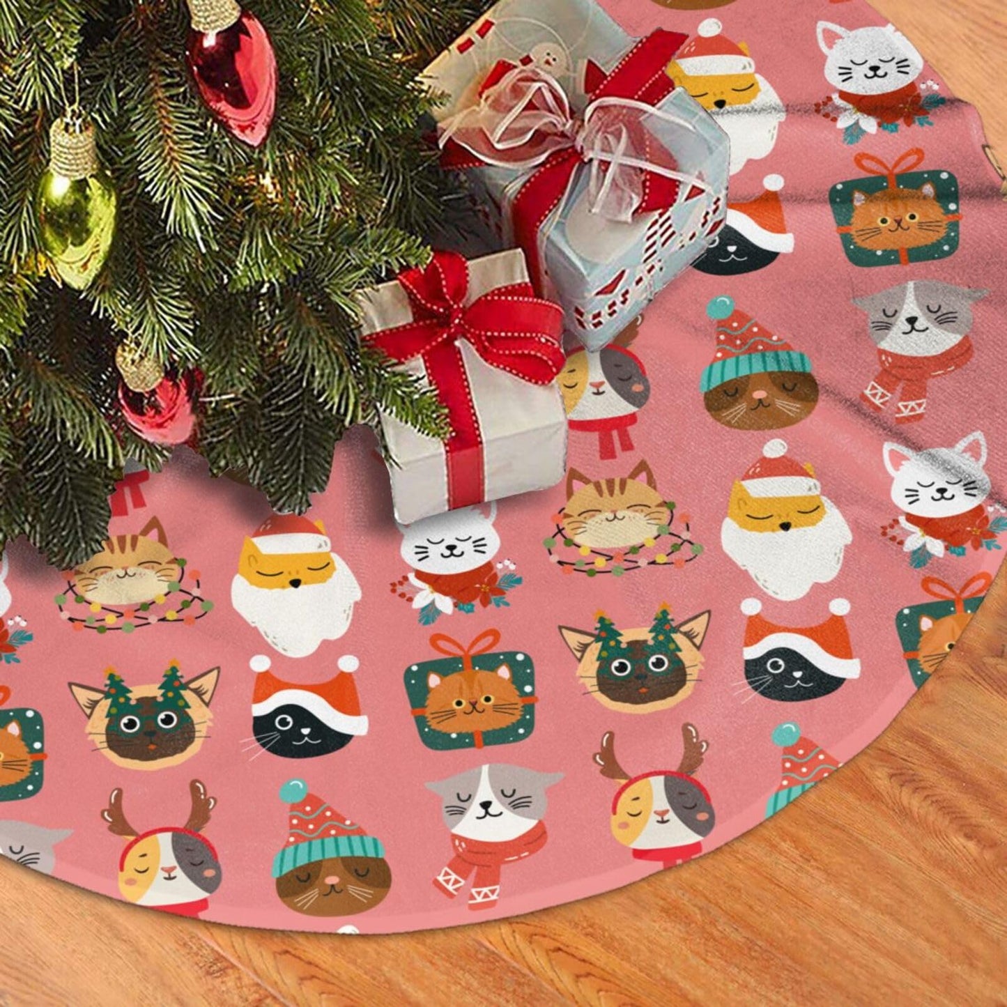 Cute Cats Christmas Tree Skirt, 48 inches Pink Kawaii Animal Tree Skirts Santa Xmas Mat Farmhouse Holiday Party New Year Supplies Ornaments Decorations for Mini Small Pencil Big Trees
