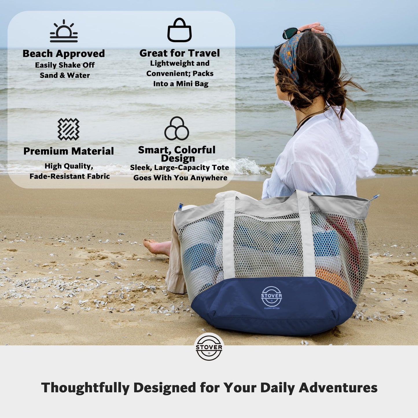 STOVER Extra Large Mesh Nylon Beach Bag, Vacation, Pool, Shopping, Toy, & Travel Tote - Foldable w/Storage Pouch & Pockets for Women, Men & Families - Heavy-Duty and Water-Resistant (Coastal Grey)