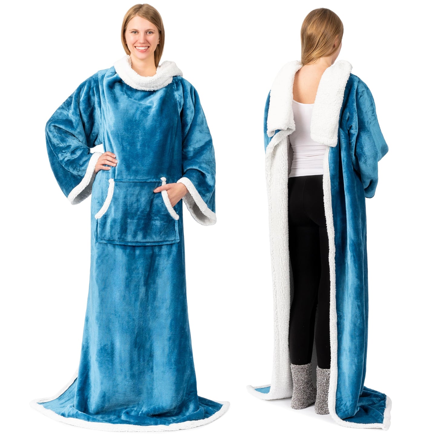 PAVILIA Sherpa Wearable Blanket with Sleeves and Pocket, Plush Thick Cozy Body Blanket Wrap for Adult Women Men, Christmas Gift for Wife Mom, Teal Blue